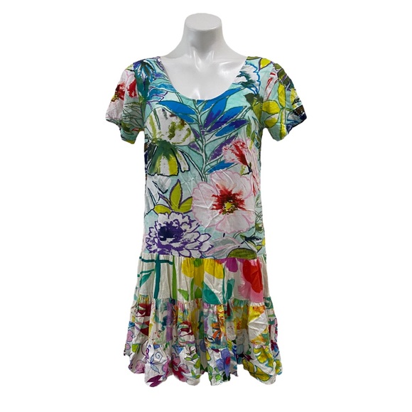 Jams World Rayon Hattie Dress Floral Multicolored Drop Ruffle Hem Sz SMALL - Picture 2 of 10